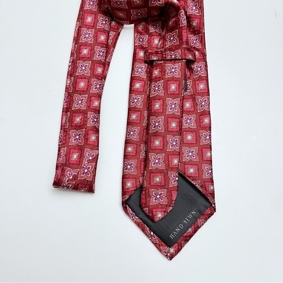 Robert Talbott Carmel Red Retro Kaleidoscope Floral Checkered Hand Sewn Silk Tie - Picture 6 of 7